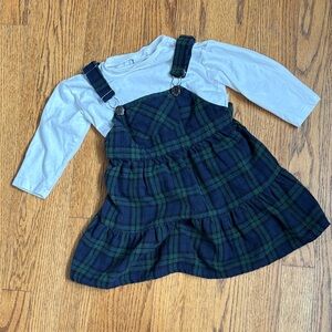 Zara Green and Navy Plaid Pinafore Dress with White Top
